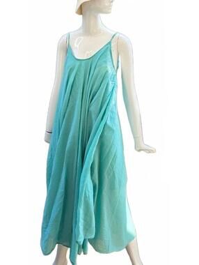 Boho Turquoise Light Spaghetti Strap Midi Dress- Flowy Relaxed Fit Retro Lg